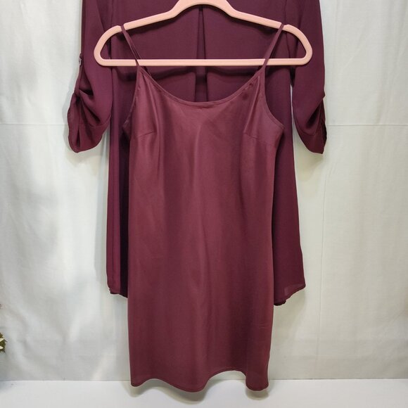 Decree Burgundy Roll Tab Sleeve Tunic Dress w/ Slip Small Casual Or Semi-Formal - Picture 3 of 8